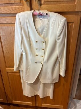 Albert Nipon Cream Double-Breasted Blazer with Gold Buttons and straight skirt